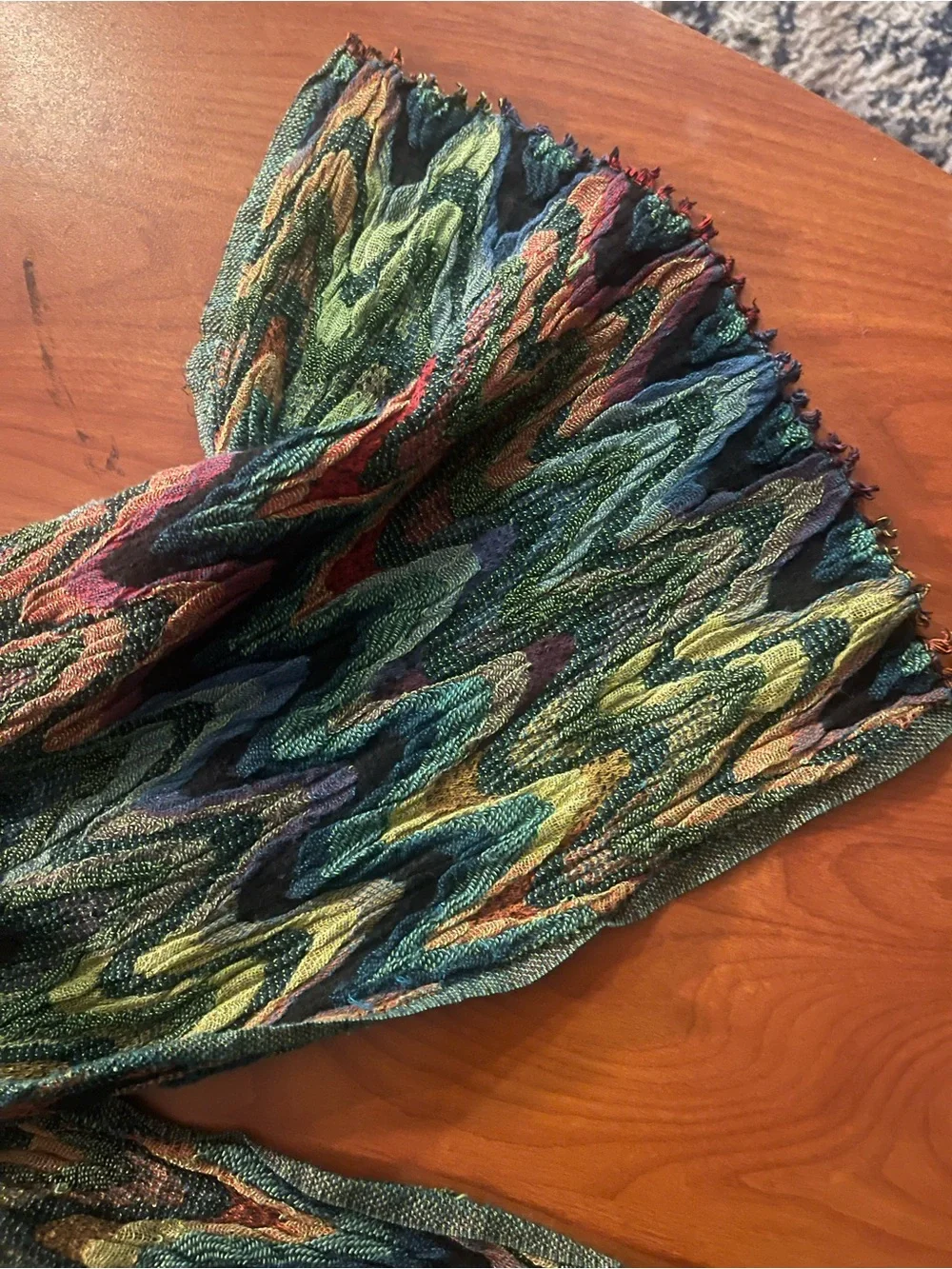 Multicolor Zigzag Knit Scarf with Green Dominance
